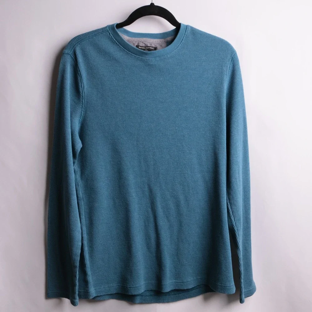 Banana Republic Mens Waffle Knit Thermal Long Sleeve Shirt Teal Blue L Y2K